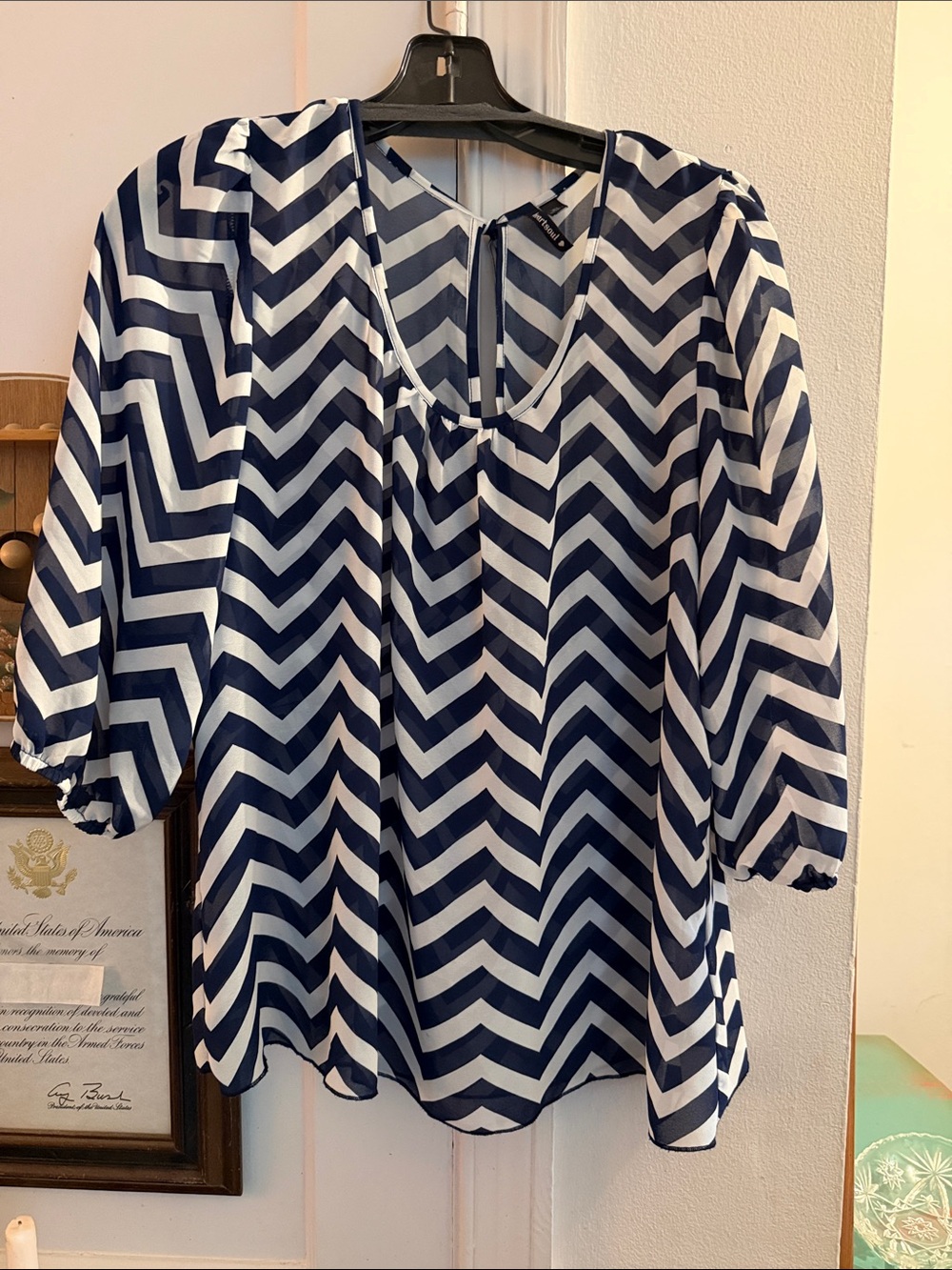 HeartSoul Navy and White Chevron V-Neck Blouse